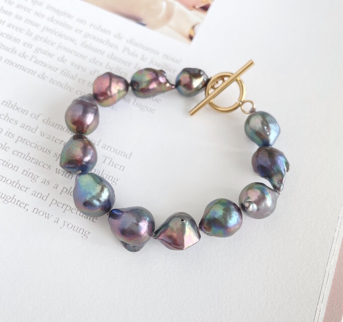 バロックパールのブレスレット ピーコックグレー　小粒