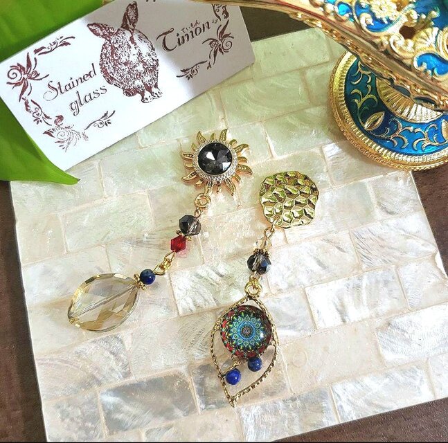 モロッコ✿アラビアンポストピアス ラピスラズリ❀Sunブラック×パープル No.1000