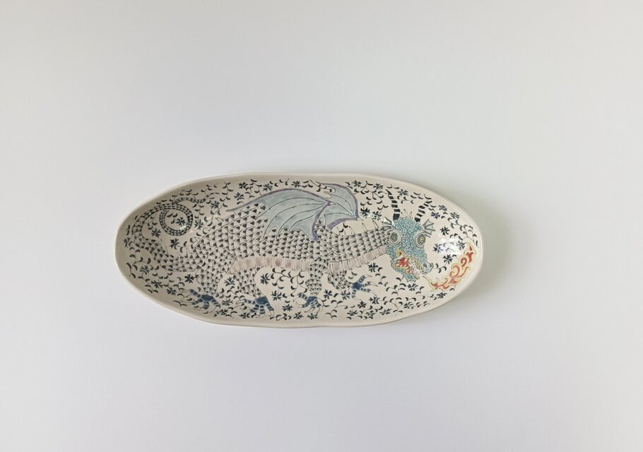 楕円長皿　ドラゴン