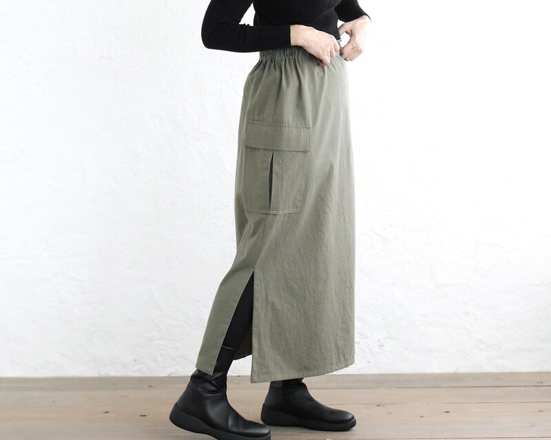 ロングシーズン使えて、キチンと見え✦ 東炊きコットンツイル ストレートロングスカート（オリーブ）SK14 ✦セットアップにも