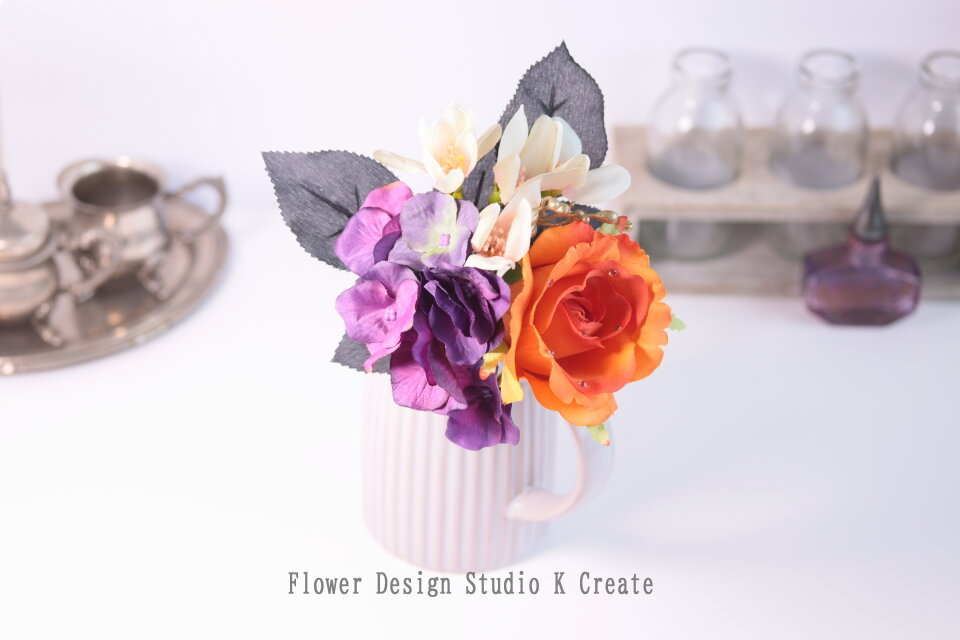 オレンジの薔薇と紫の紫陽花のブーケ風の髪飾り フラメンコ ダンス 髪
