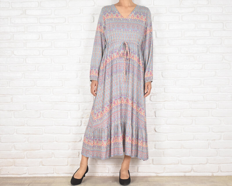 ヴィンテージエスニック柄長袖Vネックワンピース　グレー