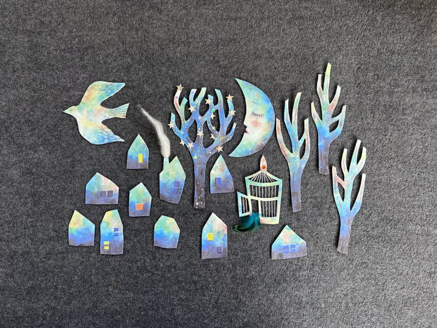 眠る三日月と星の木と鳥のガーランド