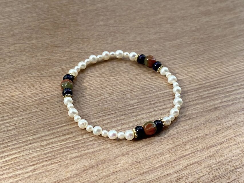 ビーズブレスレット No.143 ブラウン＆グリーン ヴィンテージビーズ パール