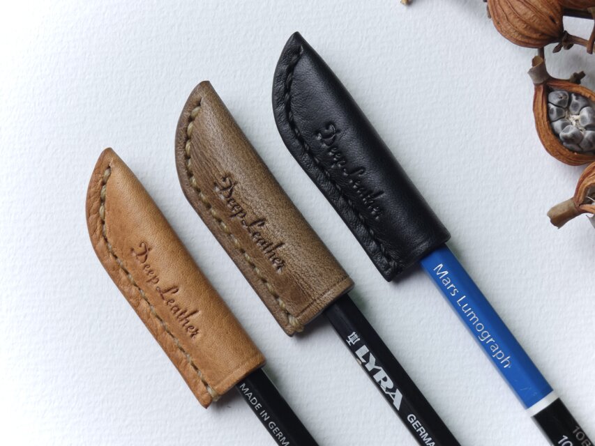 イタリア革の鉛筆キャップ／ペンシルキャップ／3個セット／ライトブラウン・グレー・黒