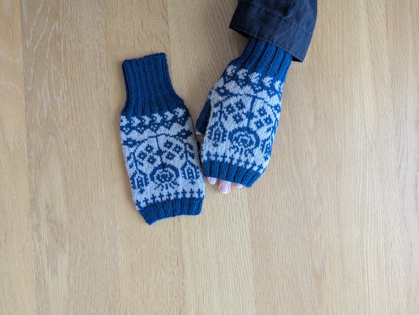 ボタニカルのハンドウォーマー /インディゴ xサンドベージュ