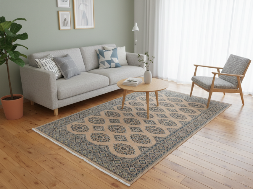 夏はサラサラ　手織り　ラグ　パキスタン絨毯（9/18）シルクタッチ　182ｘ124cm 軽くて畳める　ベージュ