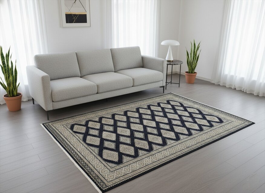 パキスタン絨毯 ラグ 196ｘ142cm 軽くて畳める手織りラグ ブラック 手織り 絨毯 トライバルラグ