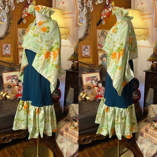 着物 ハンドメイド ワンピース パーティー ドレス 和洋折衷 コラージュ リメイク 切り替え ミント花柄×ピーコックブルー O-74 着物 ワンピース パーティー ドレス 和洋折衷 コラージュ リメイク