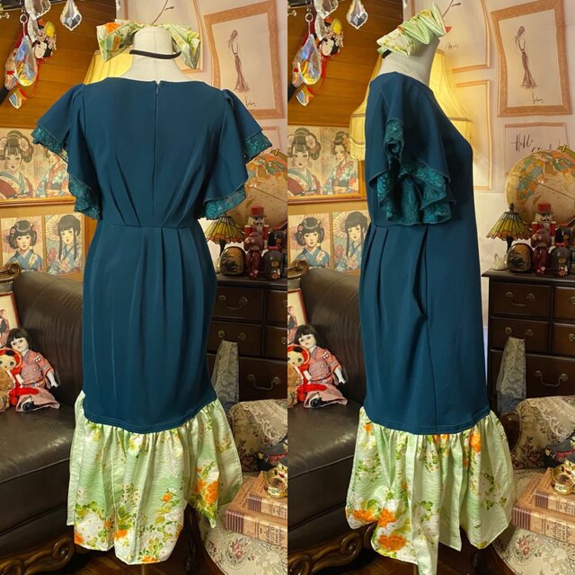 着物 ハンドメイド ワンピース パーティー ドレス 和洋折衷 コラージュ リメイク 切り替え ミント花柄×ピーコックブルー O-74 着物 ワンピース パーティー ドレス 和洋折衷 コラージュ リメイク