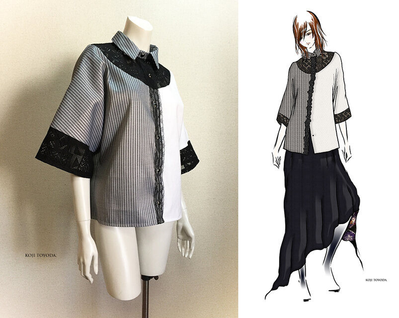 【1点もの・デザイン画付き】3種素材（ヘリンボーン＆弱起毛＆レース）ゆったりブラウス（KOJI TOYODA）