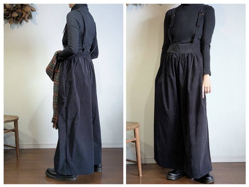 コーデュロイ ギャザーサロペットパンツ＿チャコールネイビー