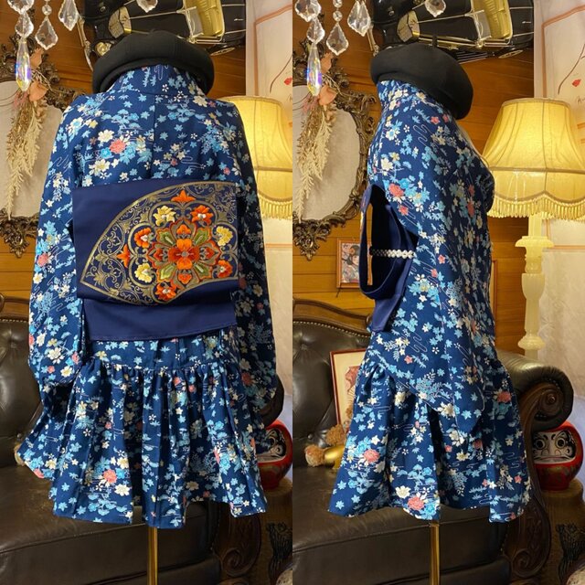 単衣 着物 ミニ丈 ワンピース ドレス 和ロリ 2部式作り帯 名古屋帯