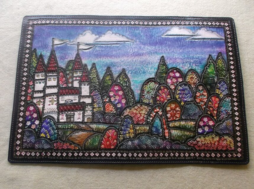 単行本サイズブックカバー  牛革　刻印＆拭き染め