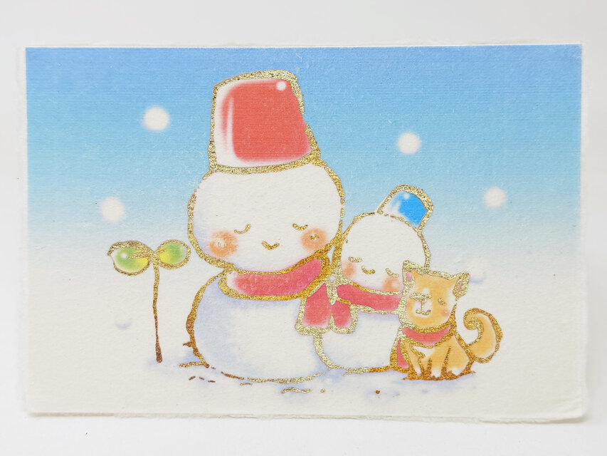 ギルディング和紙葉書　雪だるまと犬　昼 黄混合