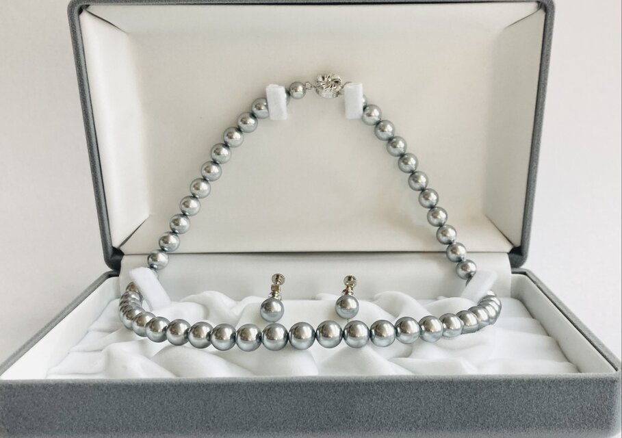 貝パールネックレスセット/8mm約42cm+8ｍｍイヤリング/グレー/ケース付/made in japan