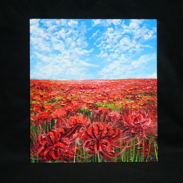 油絵 油彩 油彩画 絵 絵画【空と雲と、赤き彼岸花】 パネル画 油絵 油彩