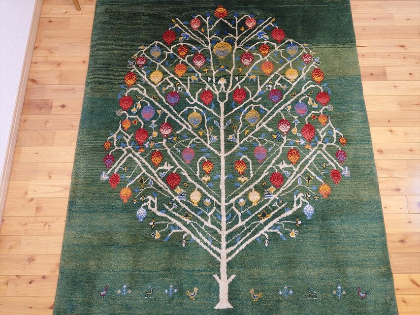 ペルシャ ギャッベ リビング ラグ 200x155cm ザクロの木 緑色