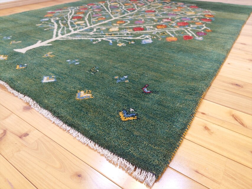 ペルシャ ギャッベ リビング 168×120 グリーン 緑 生命の木 花 玄関