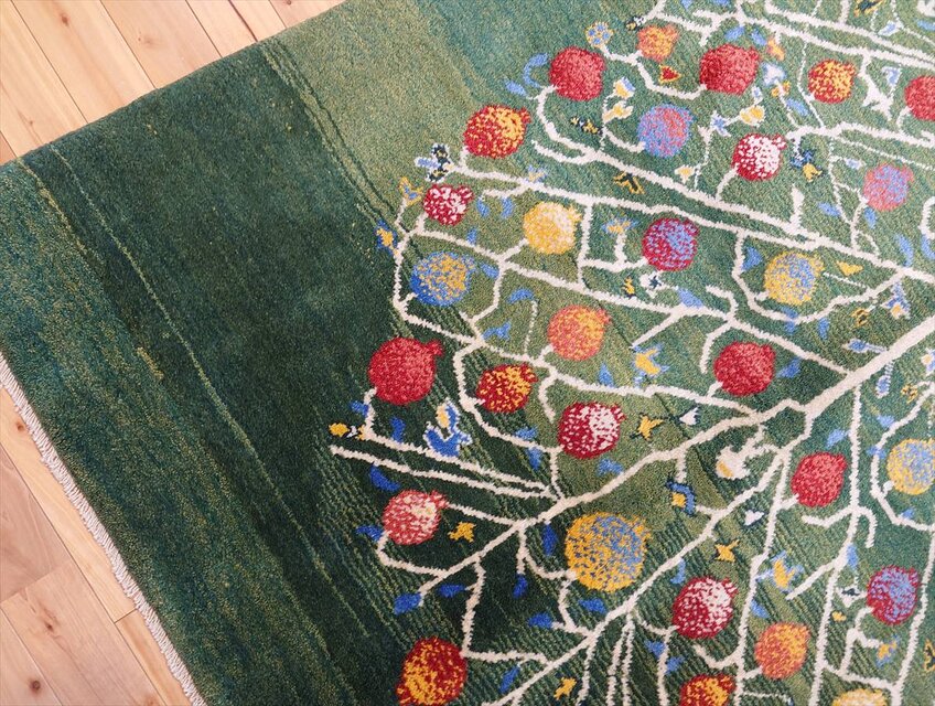 ペルシャ ギャッベ リビング ラグ 200x155cm ザクロの木 緑色