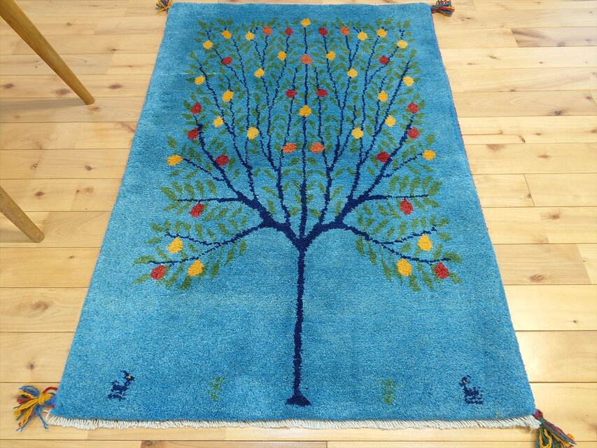 ペルシャ ギャッベ マット大 ラグ 118x80cm 水色 生命の木 RJ15330