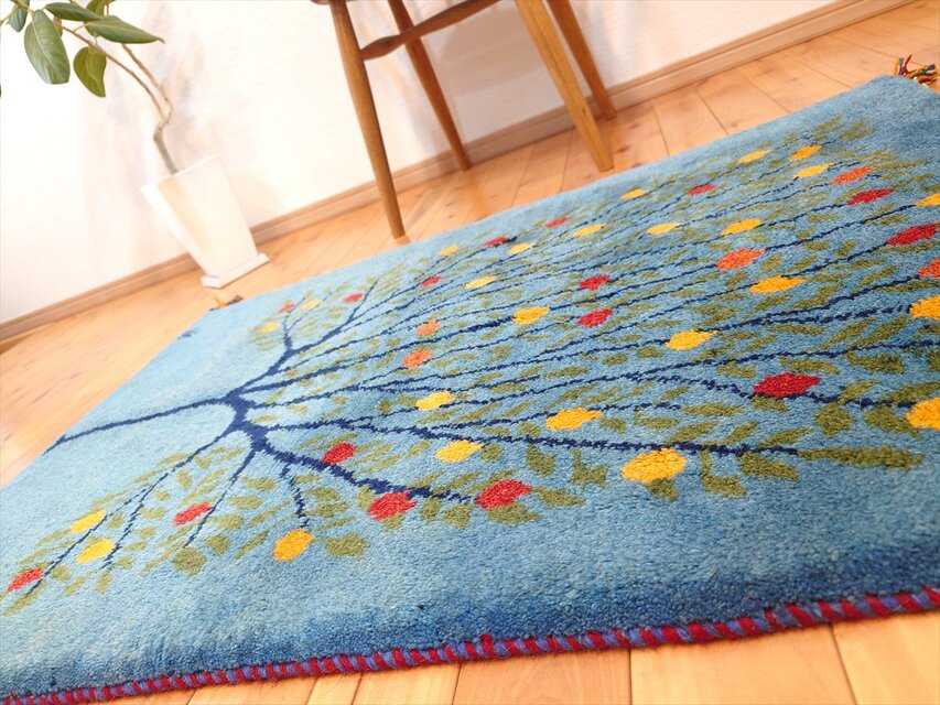 ペルシャ ギャッベ マット大 ラグ 118x80cm 水色 生命の木 RJ15330