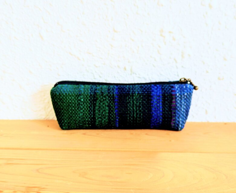 手織りペンケース、グリーン(綿とシルク)