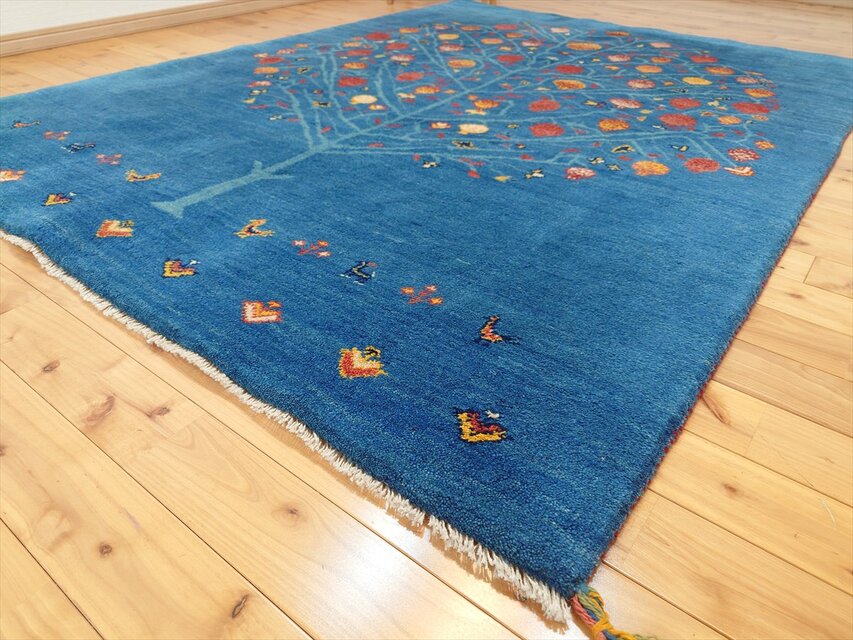 ペルシャ ギャッベ リビング ラグ 200x150cm 青色 ザクロの木 RJ9448