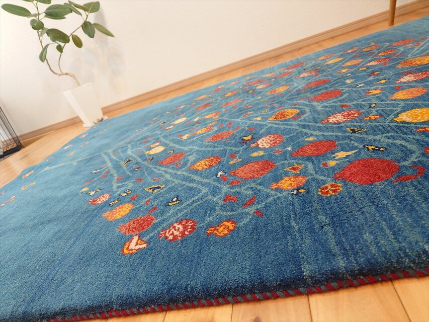 ペルシャ ギャッベ リビング ラグ 200x150cm 青色 ザクロの木 RJ9448