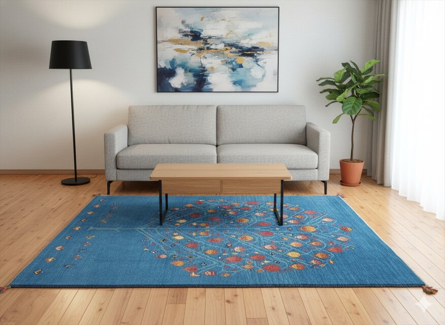ペルシャ ギャッベ リビング ラグ 200x150cm 青色 ザクロの木 RJ9448