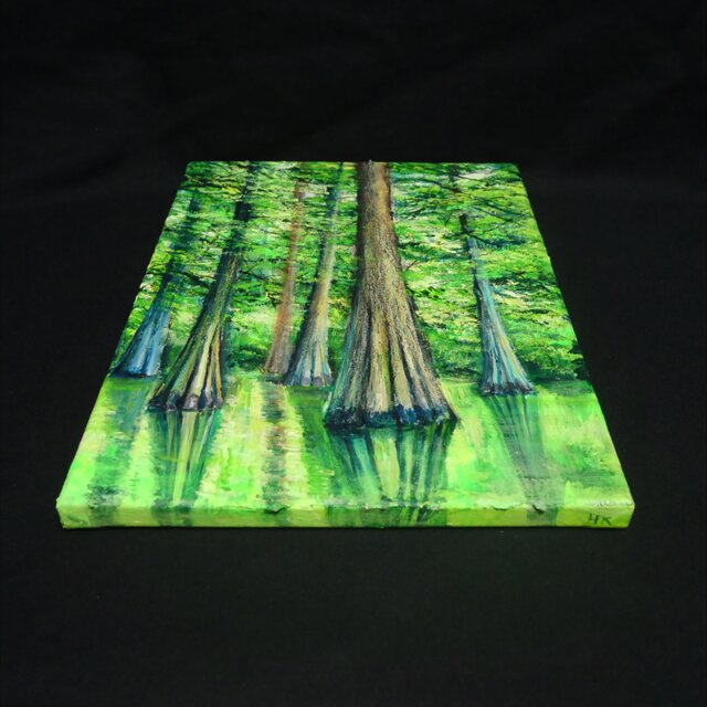 油絵 油彩 油彩画 絵 絵画 絵【水面に映るラクウショウの森﻿】 油絵 【水面に映るラクウショウの森﻿】 | iichi 日々の暮らしを