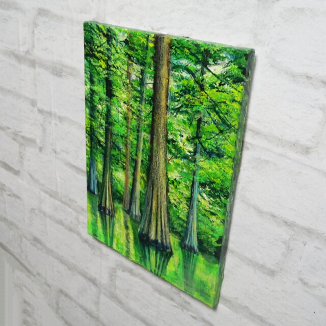 油絵 【水面に映るラクウショウの森﻿】 | iichi 日々の暮らしを
