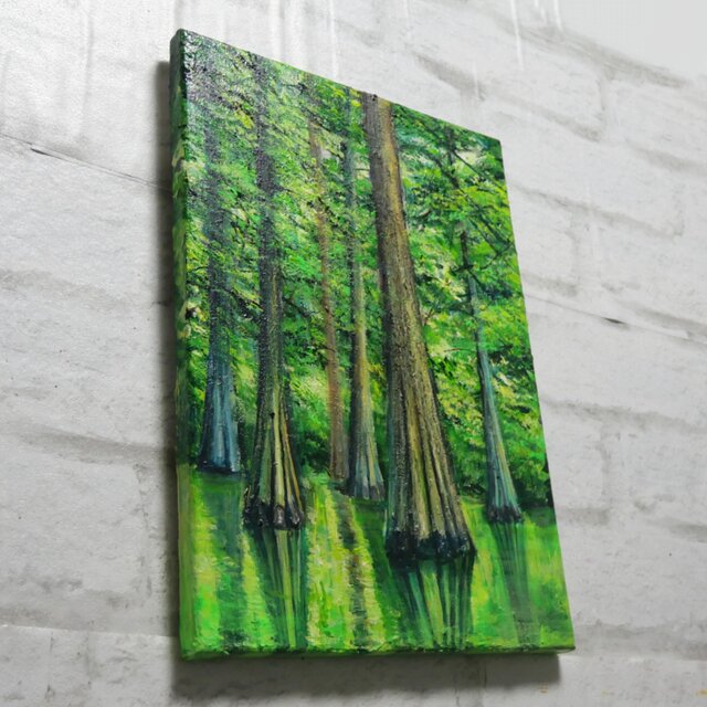 油絵 【水面に映るラクウショウの森﻿】 | iichi 日々の暮らしを
