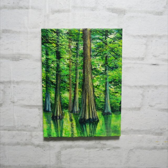 油絵 油彩 油彩画 絵 絵画 絵【水面に映るラクウショウの森﻿】 油絵 【水面に映るラクウショウの森﻿】 | iichi 日々の暮らしを