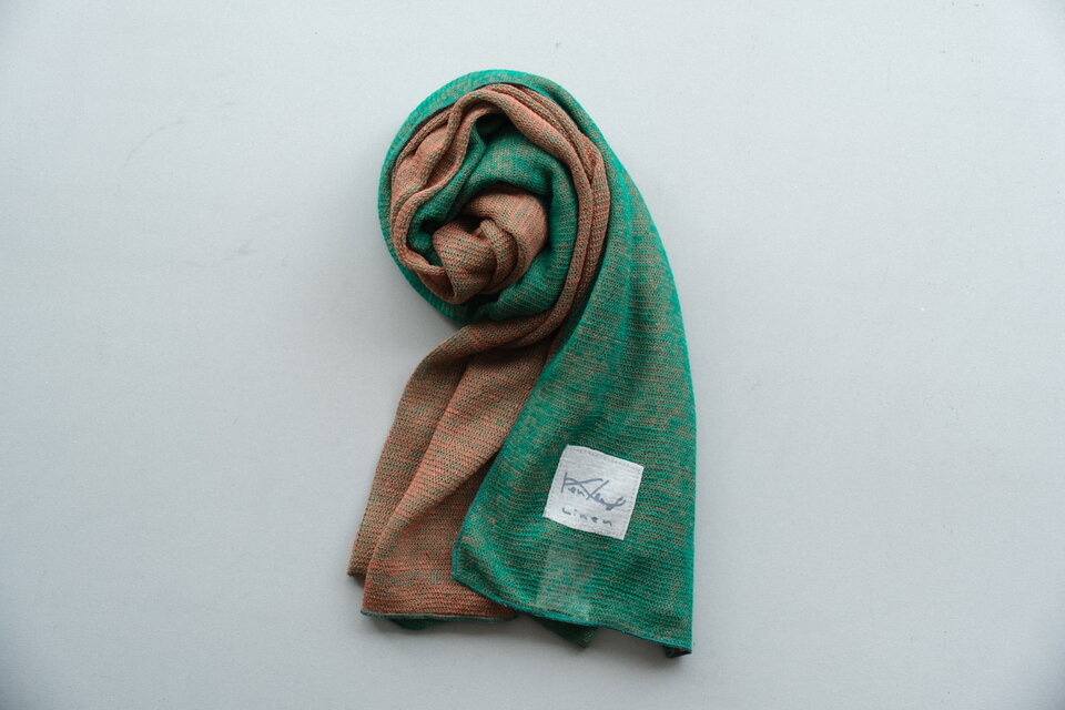 リネンニット　リバーシブルストール　グリーン×プラリーヌ