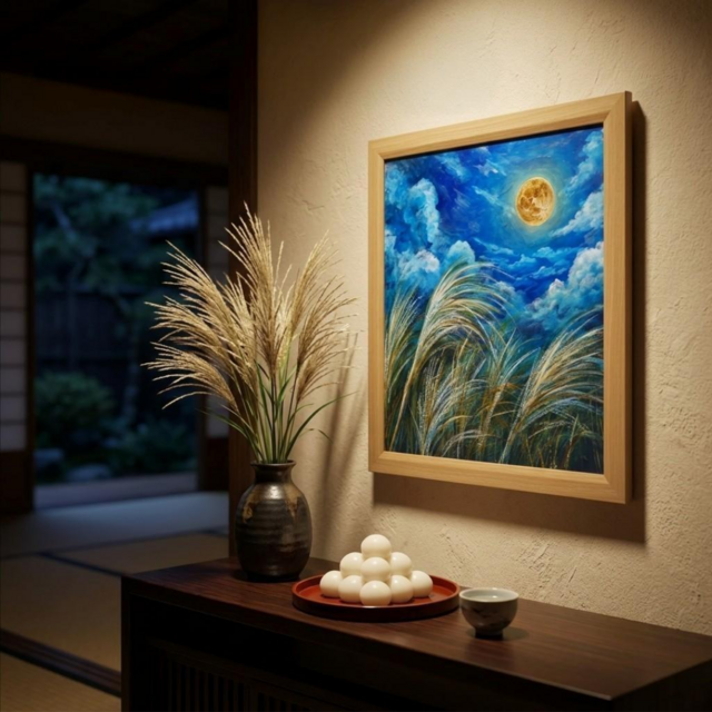 原画】黄金満月と風光る芒（ススキ）油絵 / 額縁・ラッピング付 [風水