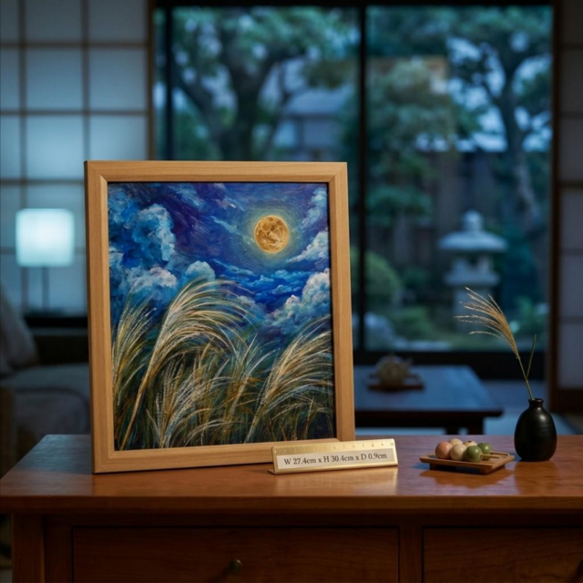 原画】黄金満月と風光る芒（ススキ）油絵 / 額縁・ラッピング付 [風水