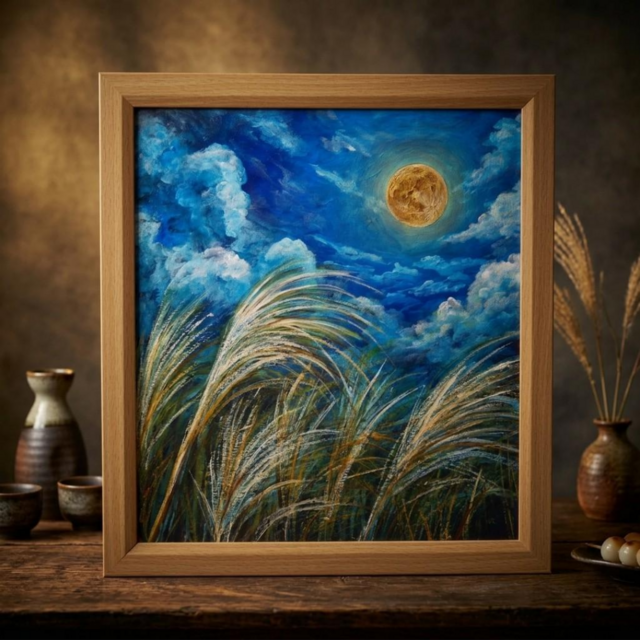 原画】黄金満月と風光る芒（ススキ）油絵 / 額縁・ラッピング付 [風水
