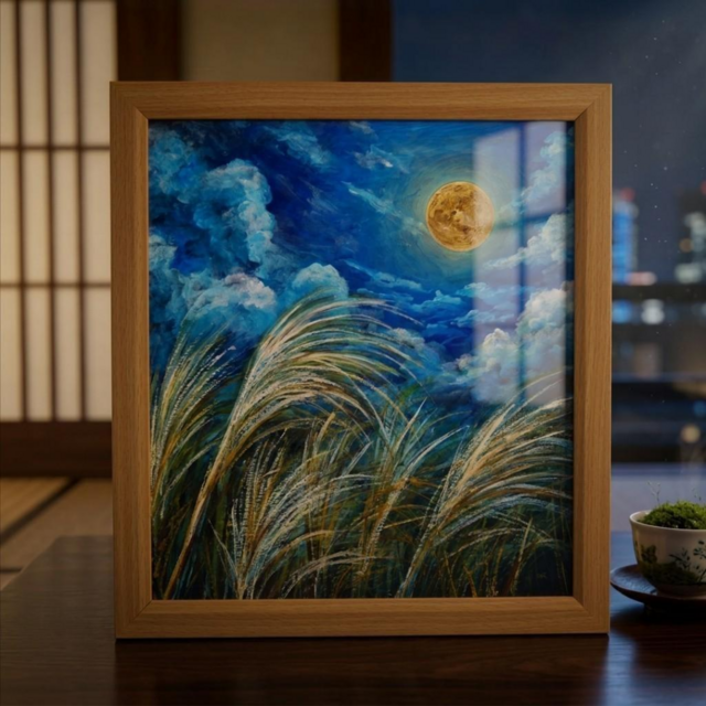 原画】黄金満月と風光る芒（ススキ）油絵 / 額縁・ラッピング付 [風水