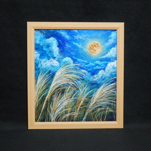 原画】黄金満月と風光る芒（ススキ）油絵 / 額縁・ラッピング付 [風水