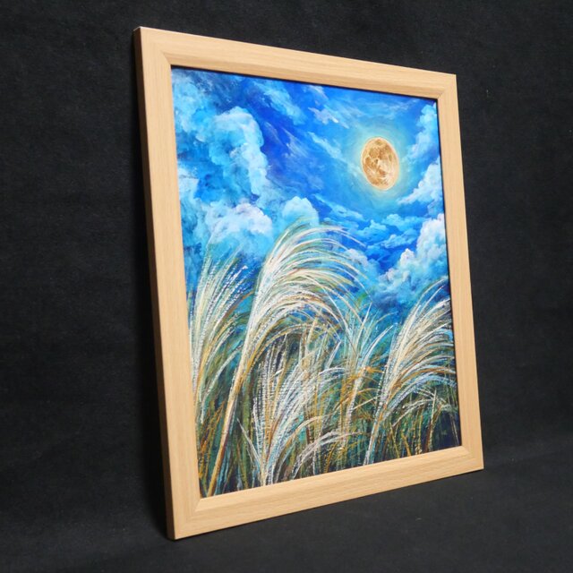 原画】黄金満月と風光る芒（ススキ）油絵 / 額縁・ラッピング付 [風水