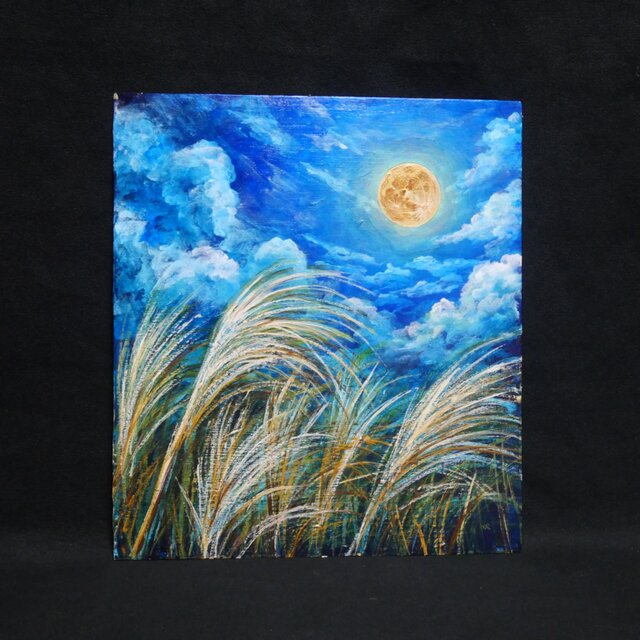 #48 油絵 ペインティング 原画「黄金色の季節」【200×200㎜】サイズ 原画】黄金満月と風光る芒（ススキ）油絵 / 額縁・ラッピング付 [風水