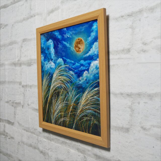 原画】黄金満月と風光る芒（ススキ）油絵 / 額縁・ラッピング付 [風水