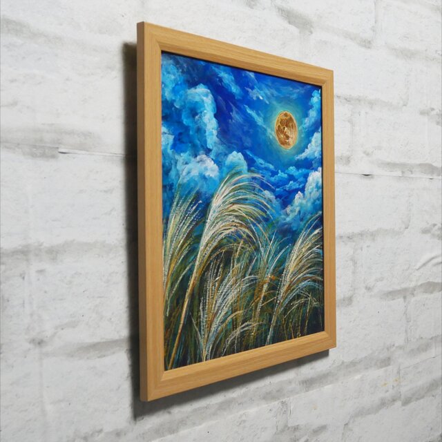 原画】黄金満月と風光る芒（ススキ）油絵 / 額縁・ラッピング付 [風水