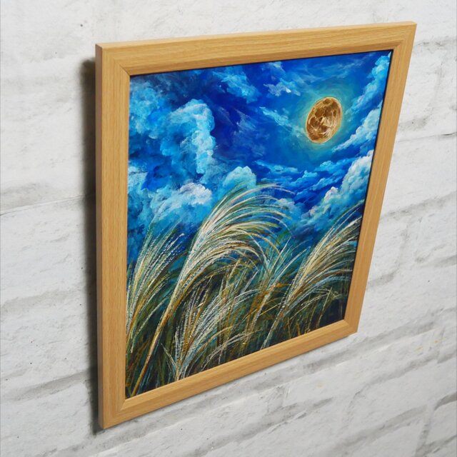 原画】黄金満月と風光る芒（ススキ）油絵 / 額縁・ラッピング付 [風水