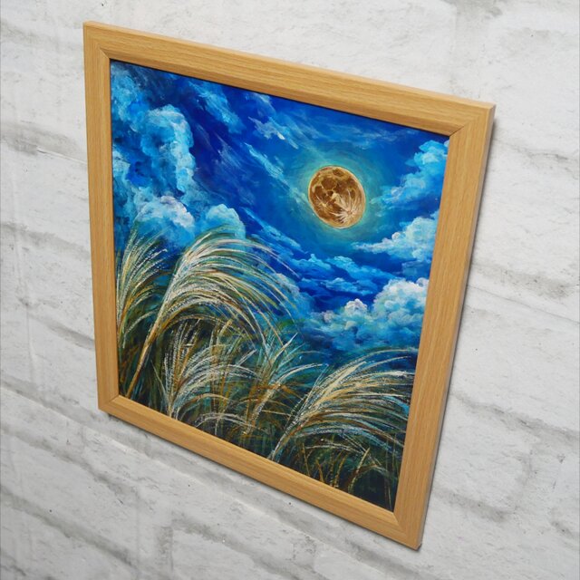 原画】黄金満月と風光る芒（ススキ）油絵 / 額縁・ラッピング付 [風水