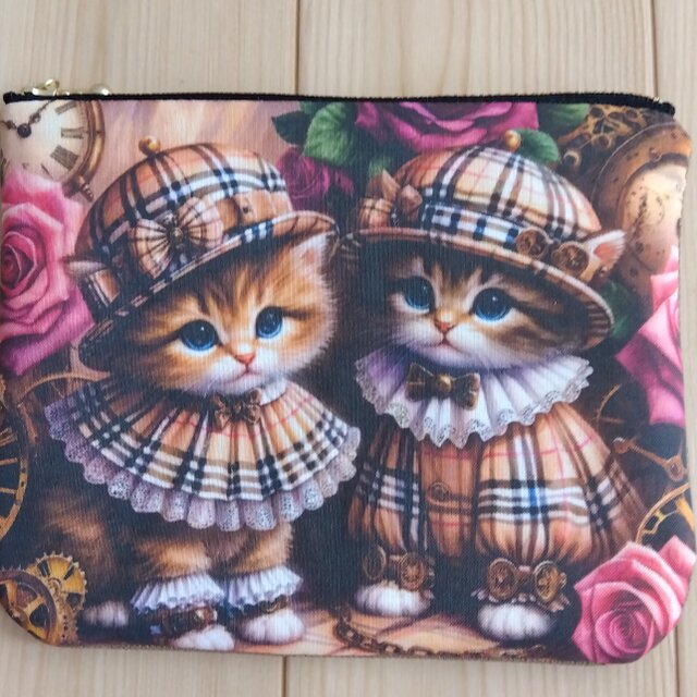 タータンチェックの猫パネル生地 16cmフラットポーチ ポケット付き