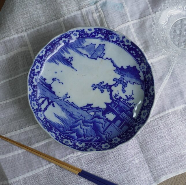 風景図を描く梅柄印判7寸