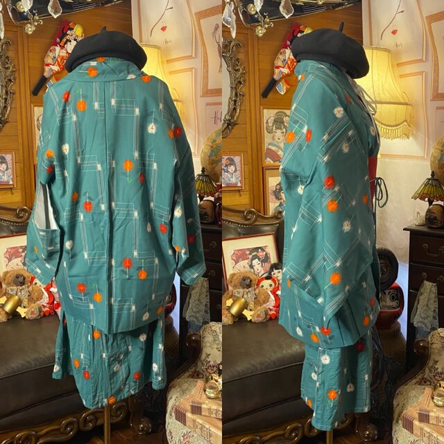 着物リメイクワンピース アンサンブル 帯サッシュベルト付き 和洋折衷 ハンドメイド レトロ 古着 錆浅葱×ドット花と直線モダン aKW-102 着物リメイクワンピース アンサンブル 帯サッシュベルト付き 和洋折衷