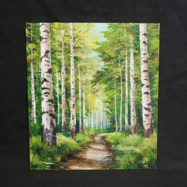 油絵 油彩 油彩画 絵画 絵【白樺林道】 | iichi 日々の暮らしを